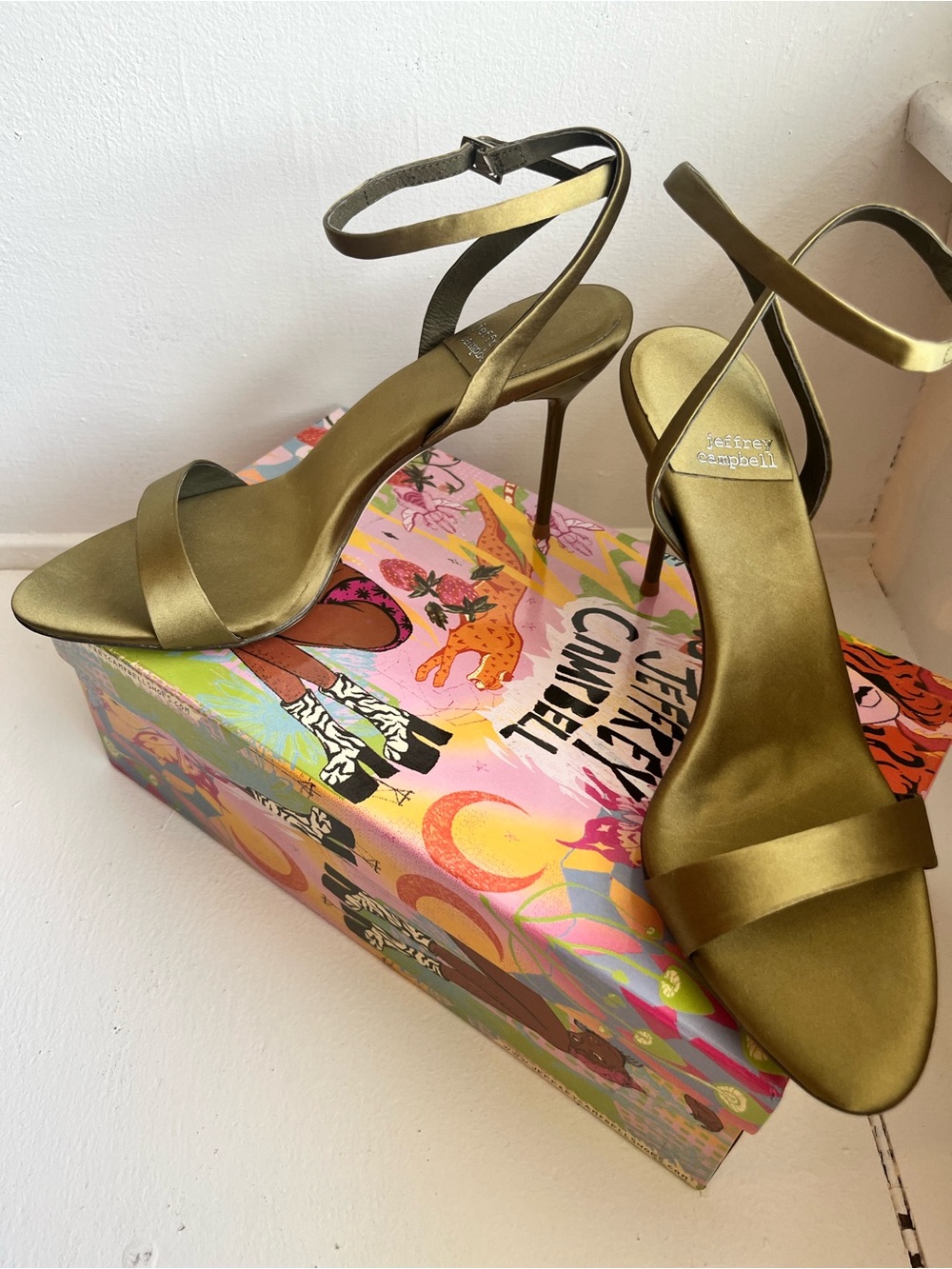 Jeffrey Campbell Olive Satin Ankle-Strap Stiletto Sandals